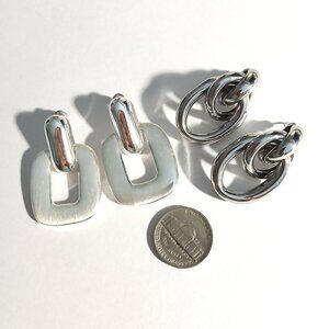 2 Pairs Fashion Pierced Earrings Silver-tone Large Dangle Square & Knot
